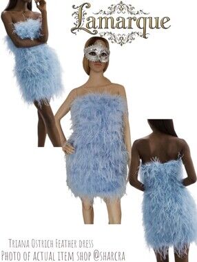 Lamarque Triana Ostrich Feather dress Baby blue strapless cocktail mini Women S